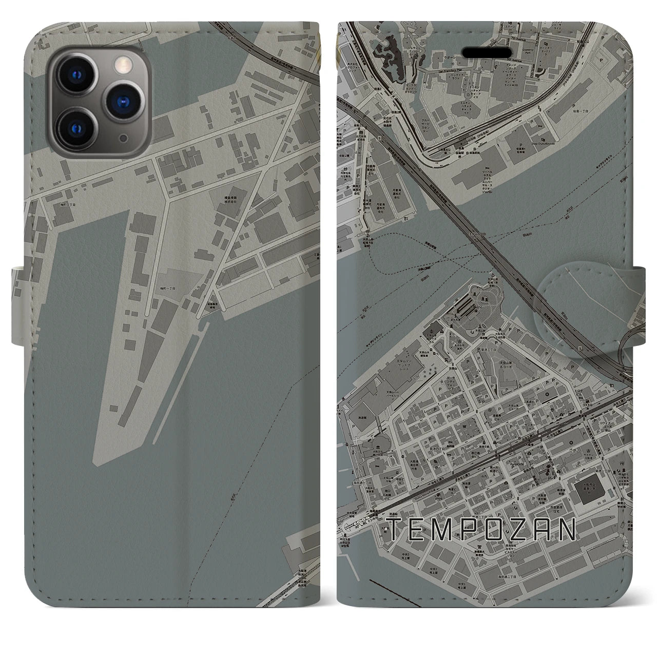 【天保山(大阪府)】地図柄iPhoneケース(手帳タイプ)モノトーン・iPhone 11 Pro Max 用