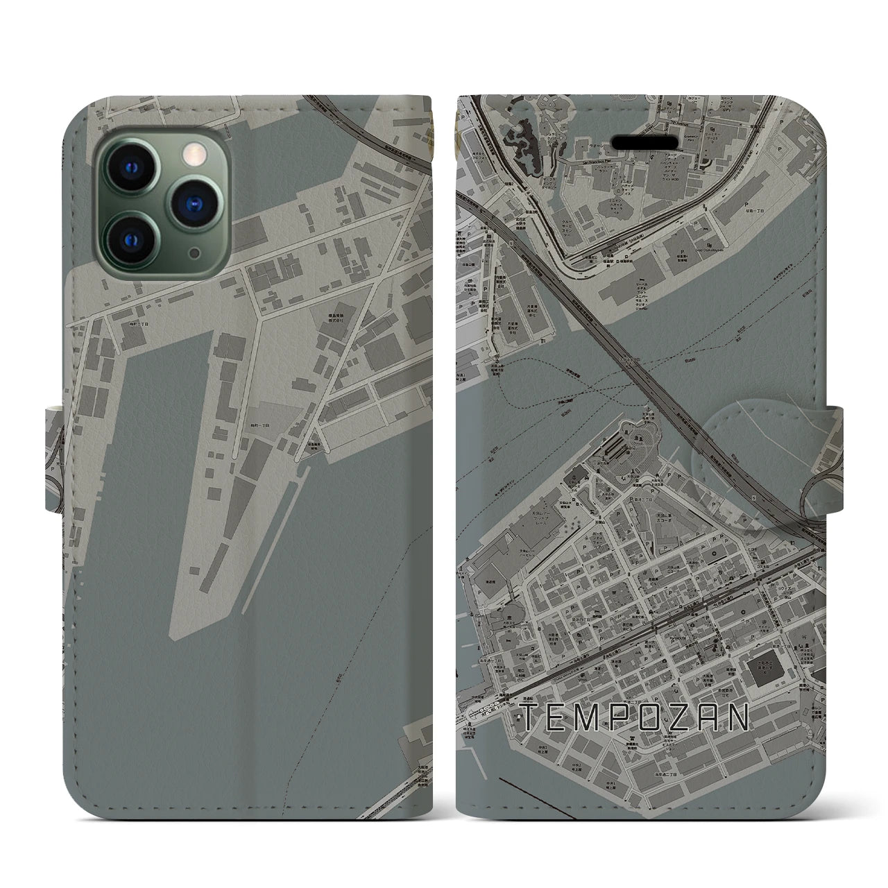 【天保山(大阪府)】地図柄iPhoneケース(手帳タイプ)モノトーン・iPhone 11 Pro 用