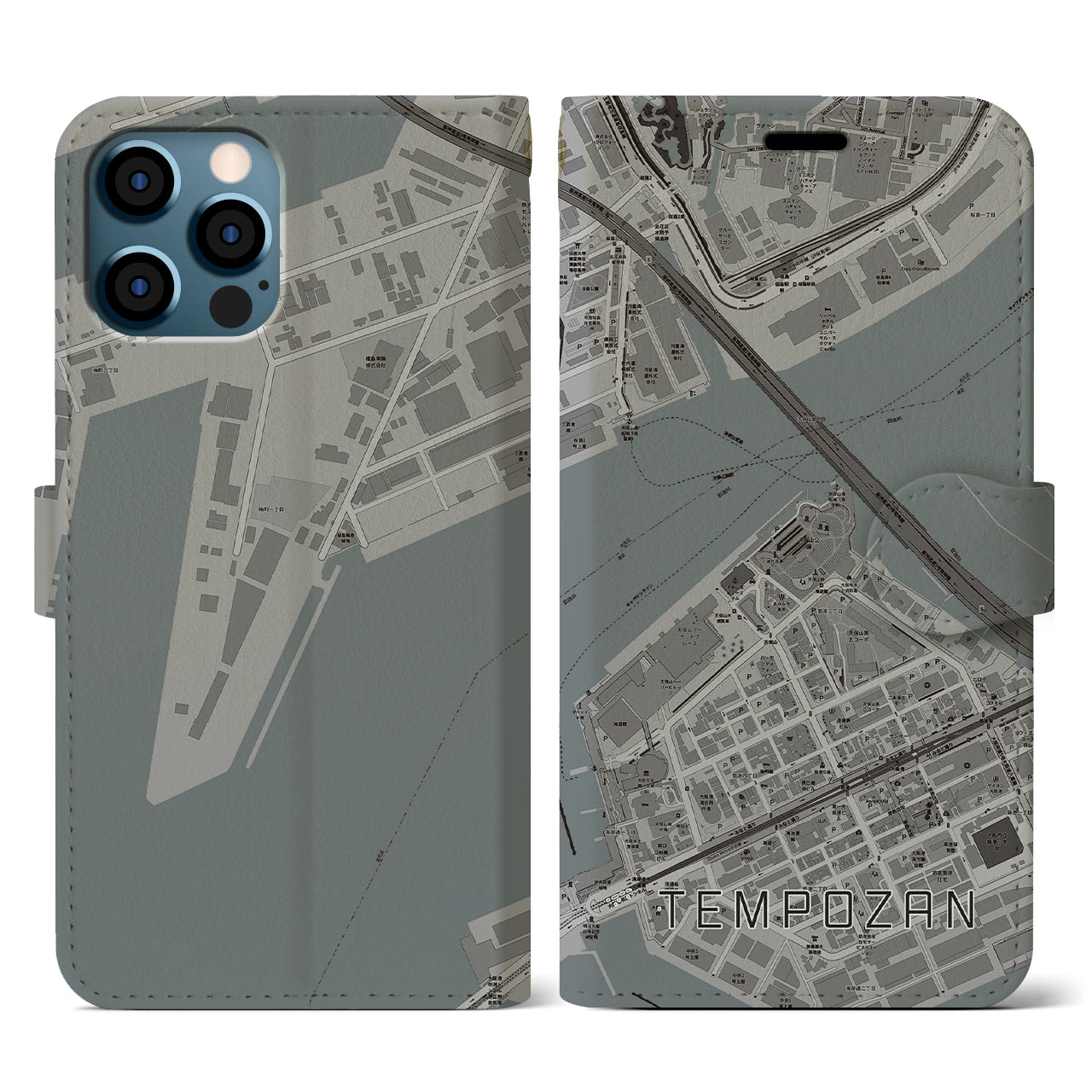 【天保山(大阪府)】地図柄iPhoneケース(手帳タイプ)モノトーン・iPhone 12 / 12 Pro 用