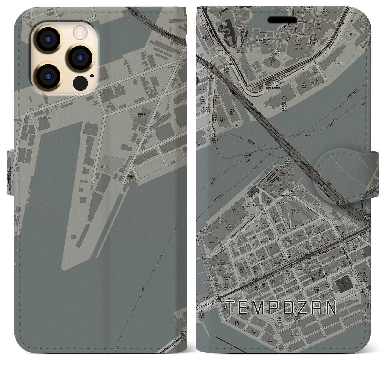 【天保山(大阪府)】地図柄iPhoneケース(手帳タイプ)モノトーン・iPhone 12 Pro Max 用