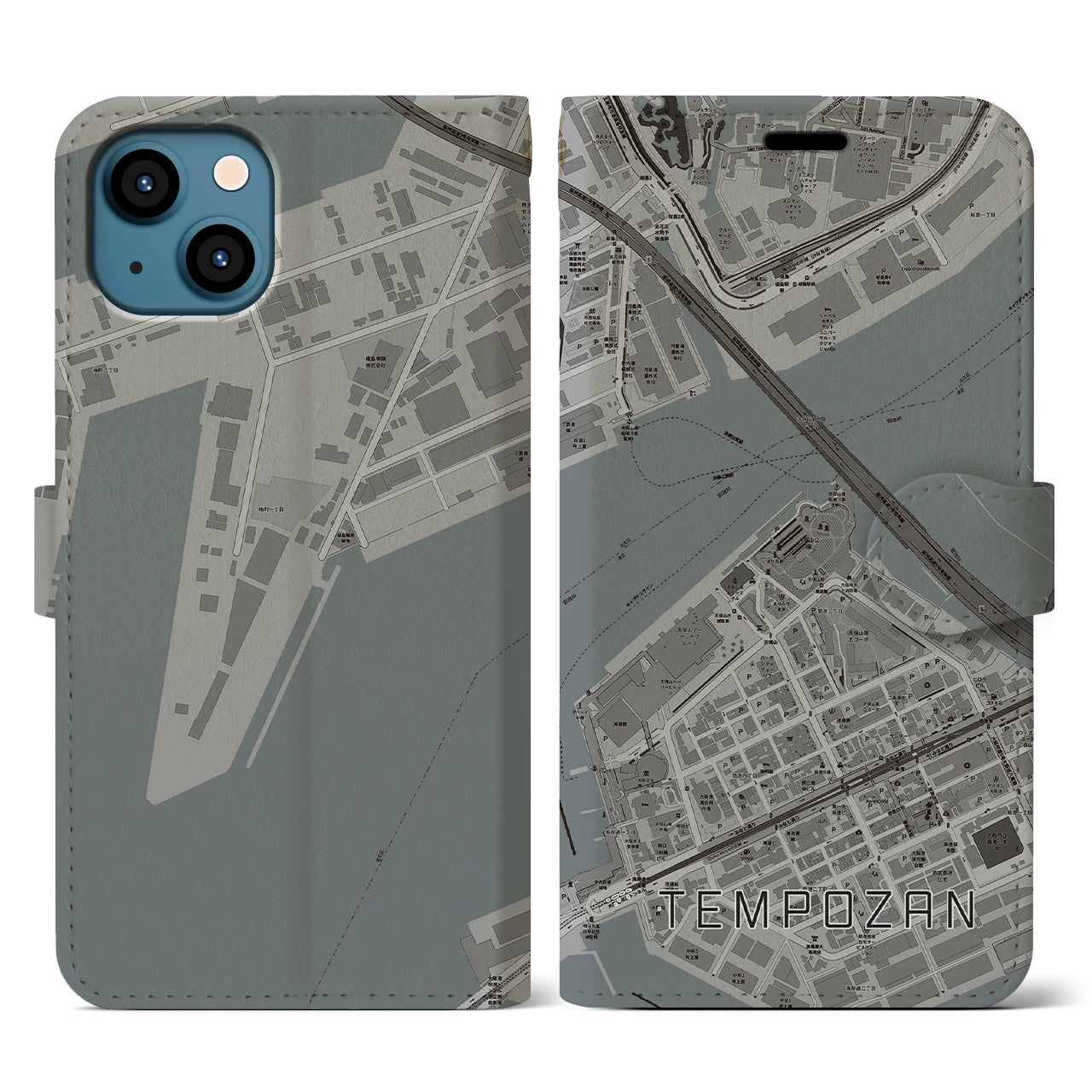 【天保山(大阪府)】地図柄iPhoneケース(手帳タイプ)モノトーン・iPhone 13 用
