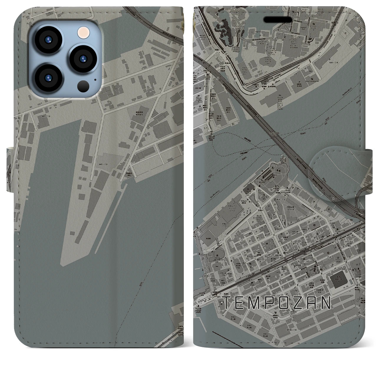 【天保山(大阪府)】地図柄iPhoneケース(手帳タイプ)モノトーン・iPhone 13 Pro Max 用