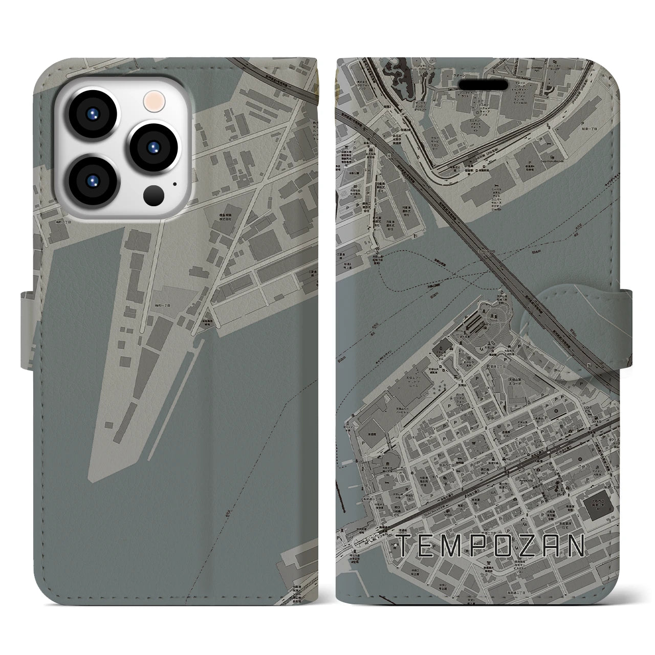 【天保山(大阪府)】地図柄iPhoneケース(手帳タイプ)モノトーン・iPhone 13 Pro 用