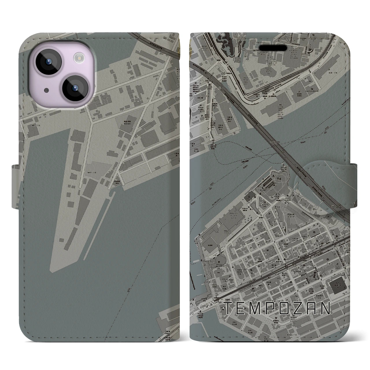 【天保山(大阪府)】地図柄iPhoneケース(手帳タイプ)モノトーン・iPhone 14 用
