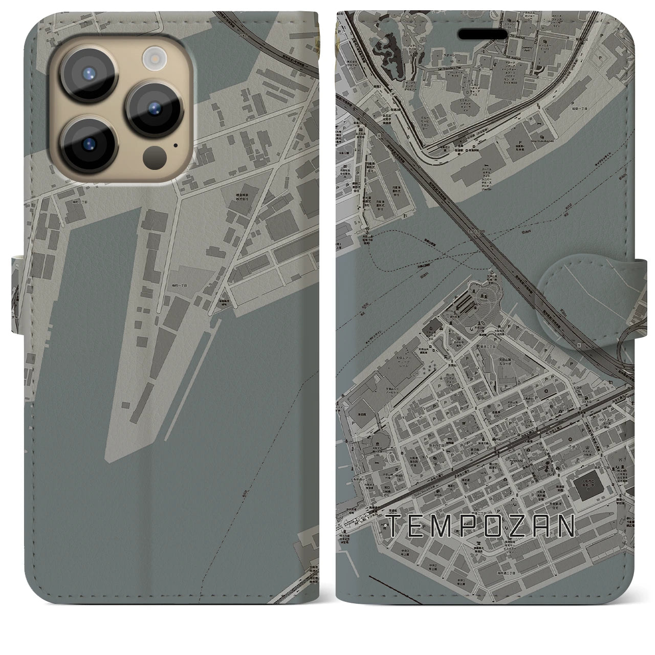【天保山(大阪府)】地図柄iPhoneケース(手帳タイプ)モノトーン・iPhone 14 Pro Max 用