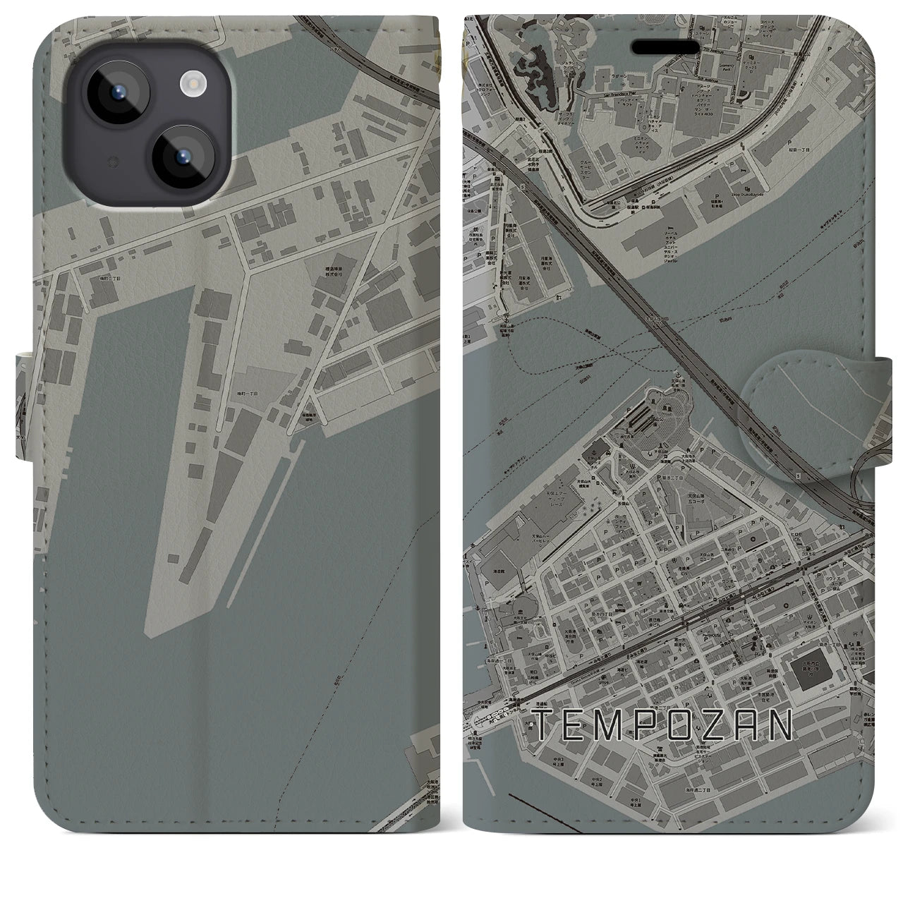 【天保山(大阪府)】地図柄iPhoneケース(手帳タイプ)モノトーン・iPhone 14 Plus 用