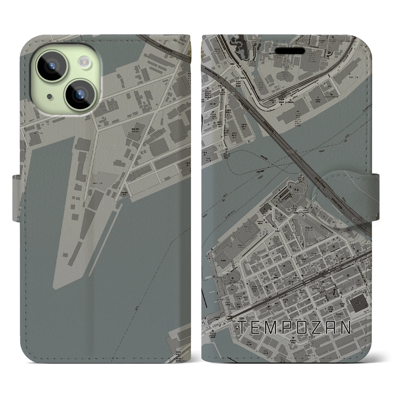 【天保山(大阪府)】地図柄iPhoneケース(手帳タイプ)モノトーン・iPhone 15 用