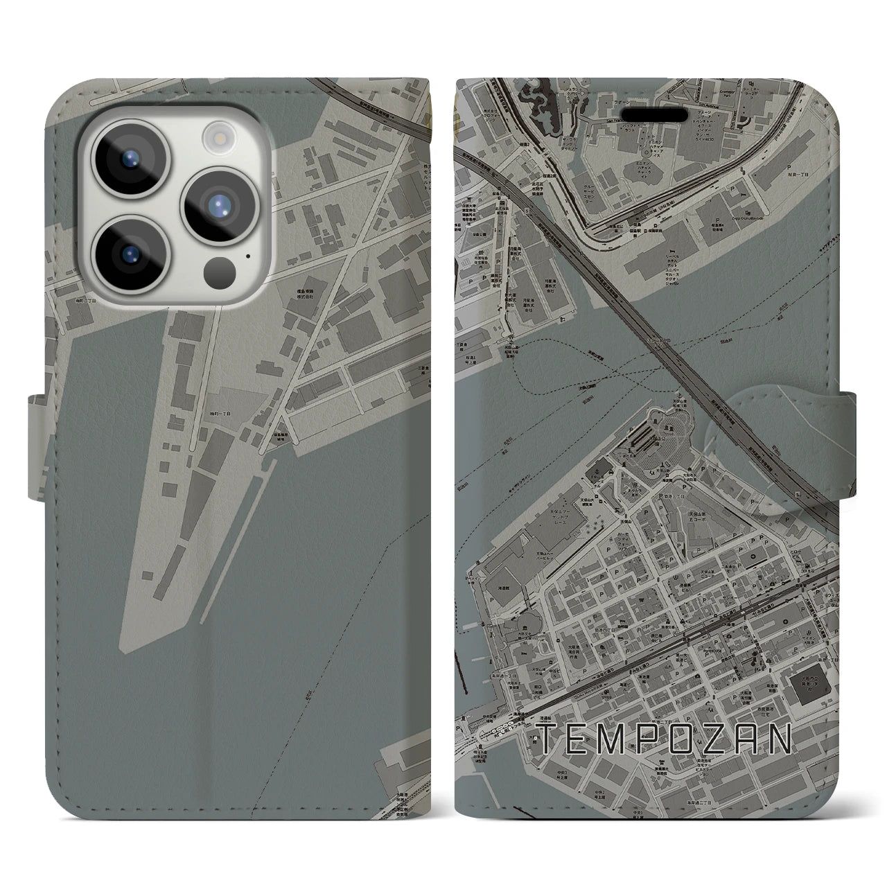 【天保山(大阪府)】地図柄iPhoneケース(手帳タイプ)モノトーン・iPhone 15 Pro 用