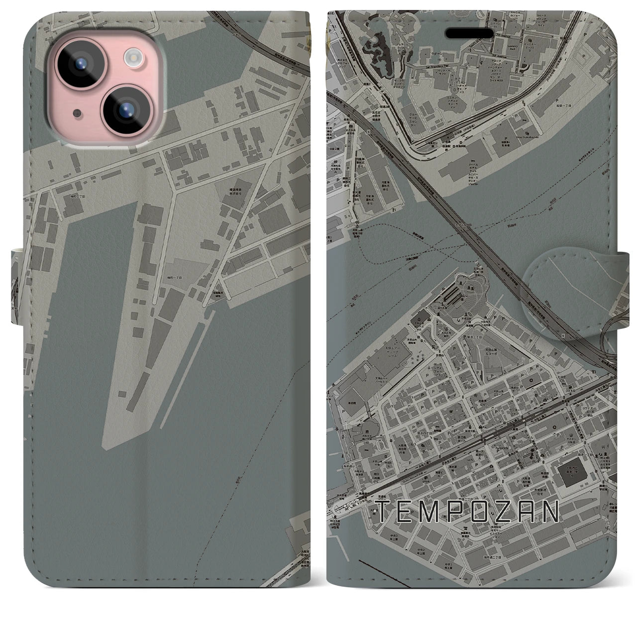 【天保山(大阪府)】地図柄iPhoneケース(手帳タイプ)モノトーン・iPhone 15 Plus 用