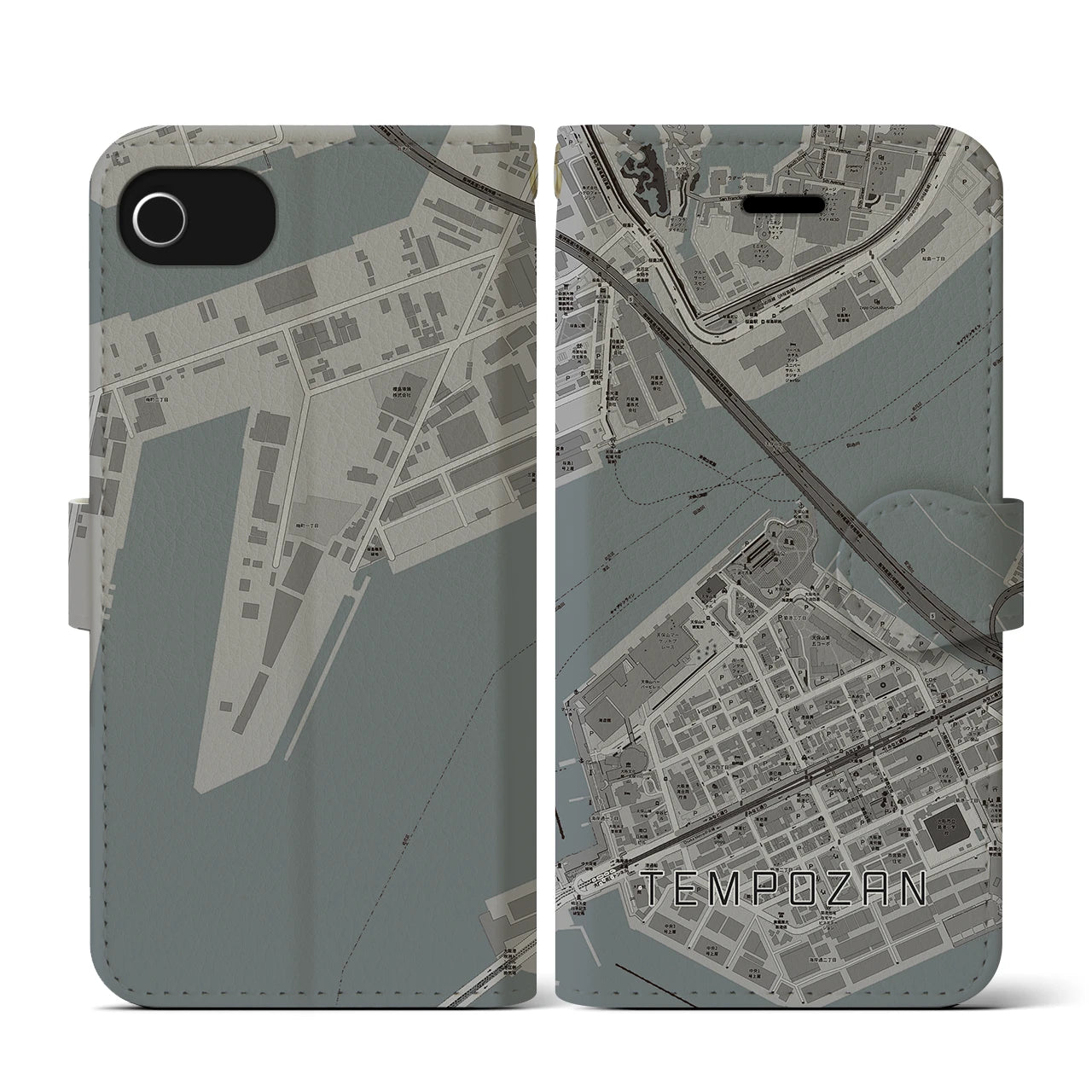 【天保山(大阪府)】地図柄iPhoneケース(手帳タイプ)モノトーン・iPhone SE(第3 / 第2世代) / 8 / 7 / 6s / 6 用