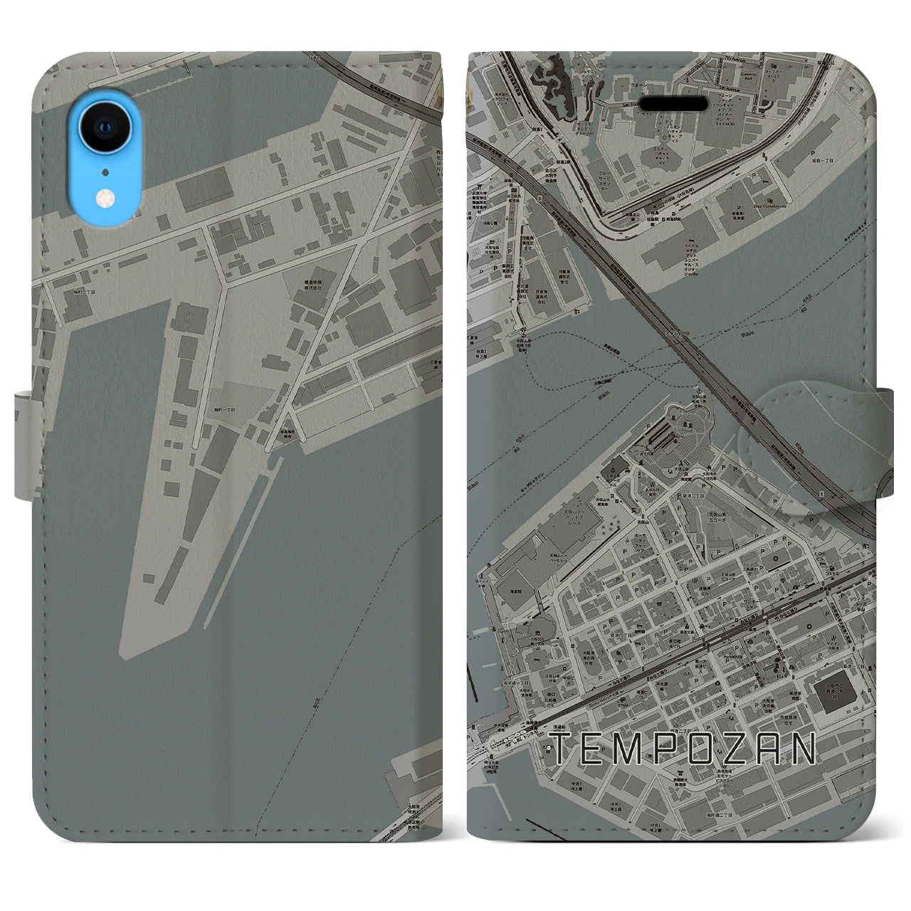 【天保山(大阪府)】地図柄iPhoneケース(手帳タイプ)モノトーン・iPhone XR 用