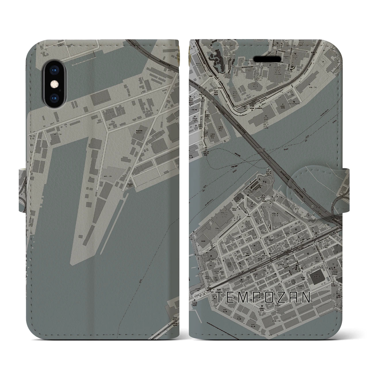 【天保山(大阪府)】地図柄iPhoneケース(手帳タイプ)モノトーン・iPhone XS / X 用