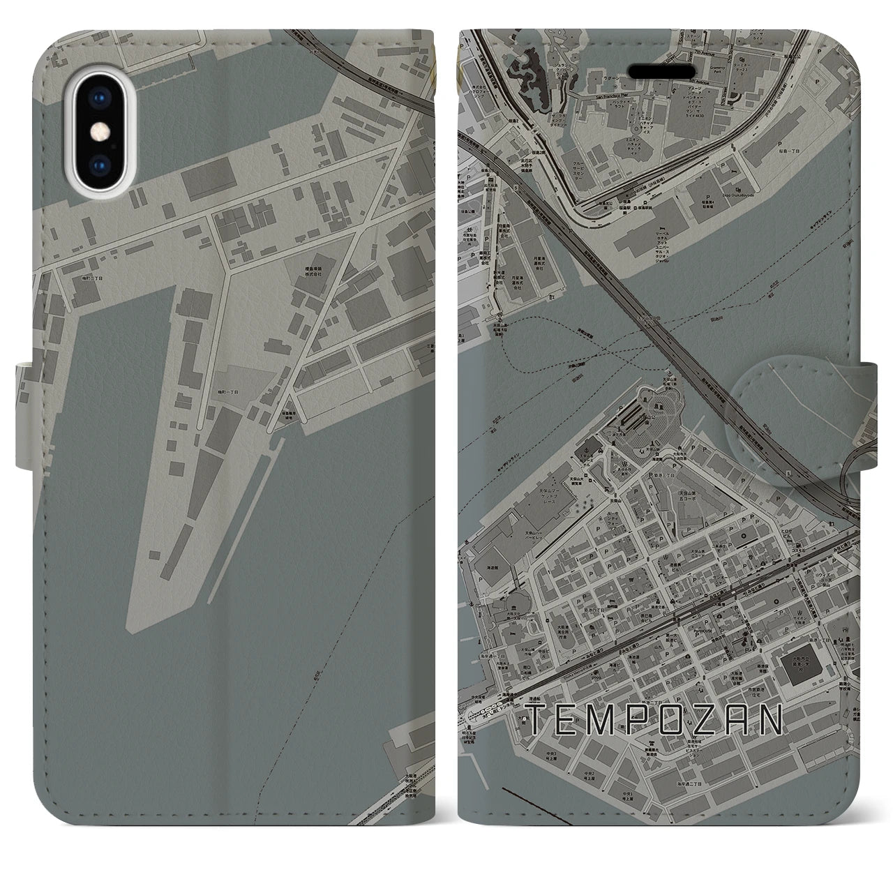 【天保山(大阪府)】地図柄iPhoneケース(手帳タイプ)モノトーン・iPhone XS Max 用