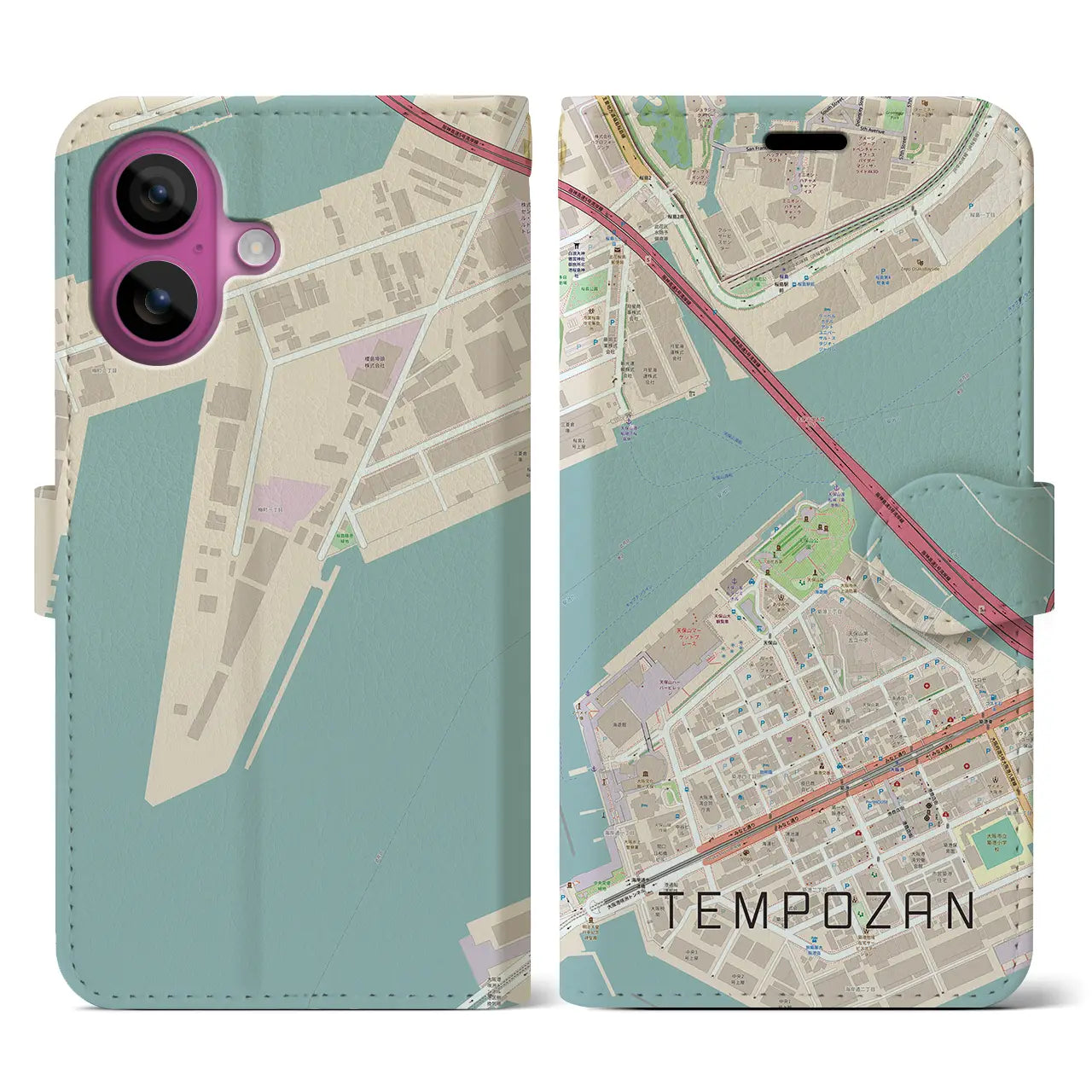 【天保山(大阪府)】地図柄iPhoneケース(手帳タイプ)ナチュラル・iPhone 16 Pro 用