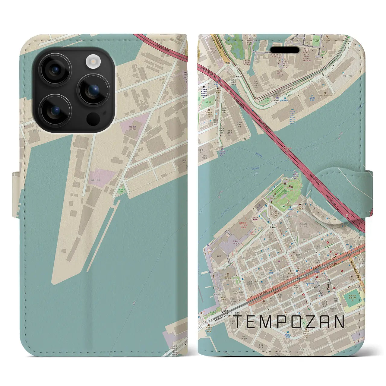 【天保山(大阪府)】地図柄iPhoneケース(手帳タイプ)ナチュラル・iPhone 16 用