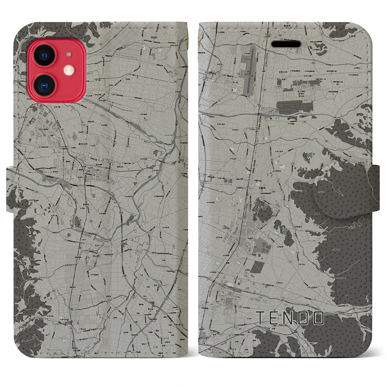 【天童(山形県)】地図柄iPhoneケース(手帳タイプ)モノトーン・iPhone 11 用