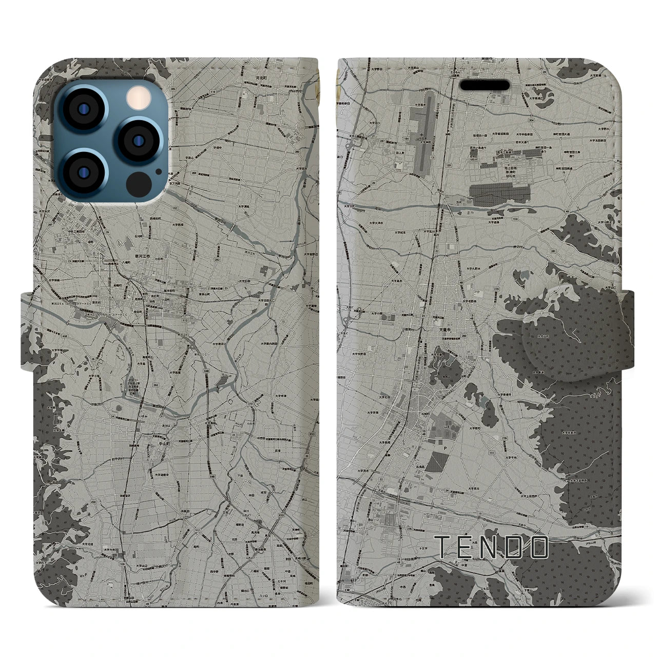 【天童(山形県)】地図柄iPhoneケース(手帳タイプ)モノトーン・iPhone 12 / 12 Pro 用