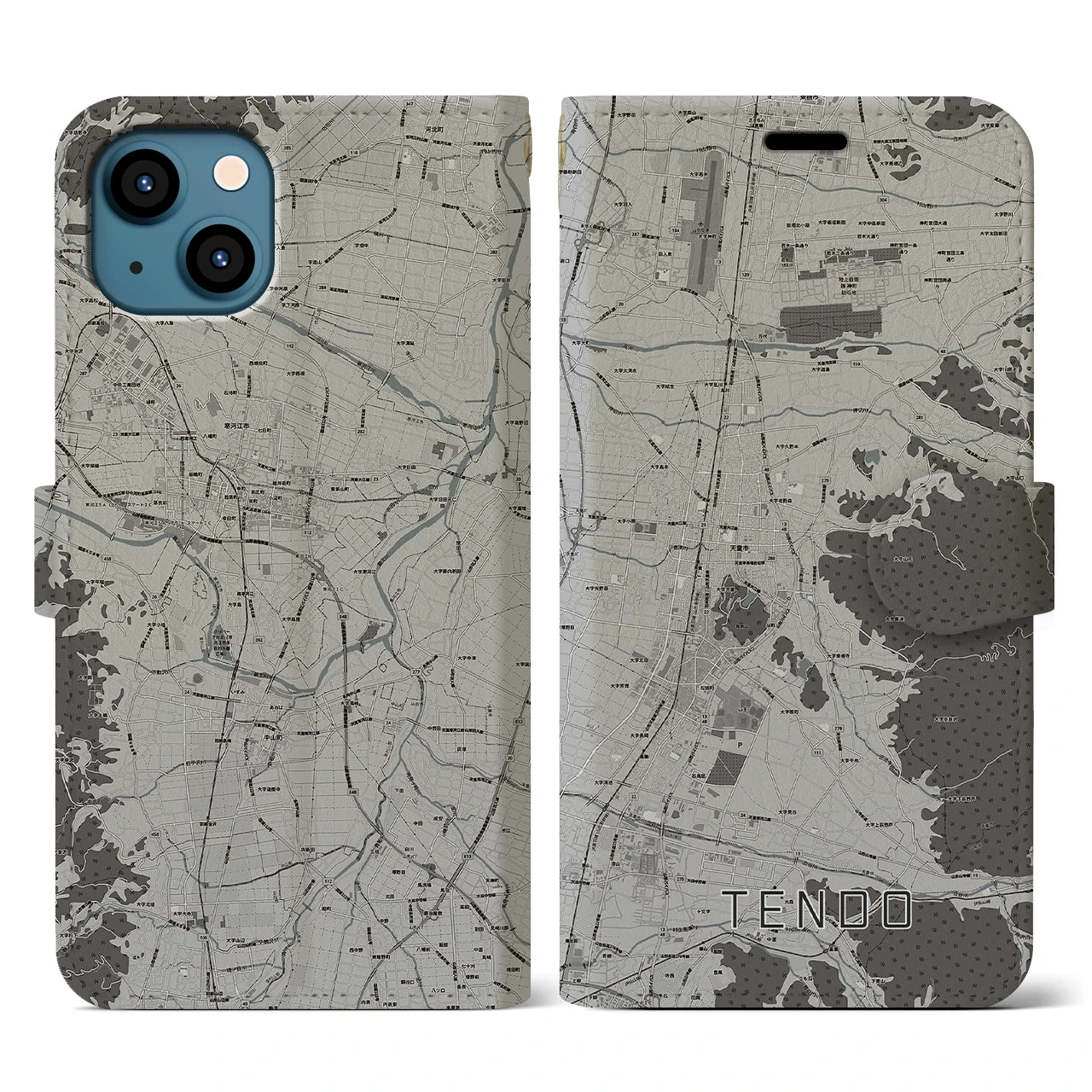 【天童(山形県)】地図柄iPhoneケース(手帳タイプ)モノトーン・iPhone 13 用