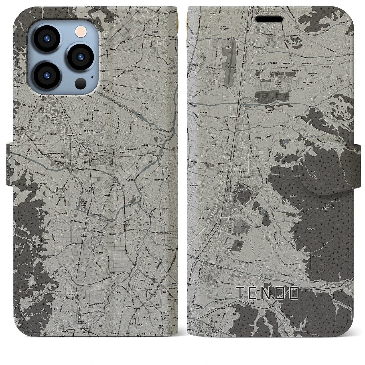 【天童(山形県)】地図柄iPhoneケース(手帳タイプ)モノトーン・iPhone 13 Pro Max 用