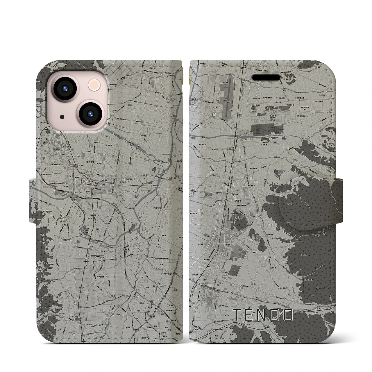 【天童(山形県)】地図柄iPhoneケース(手帳タイプ)モノトーン・iPhone 13 mini 用