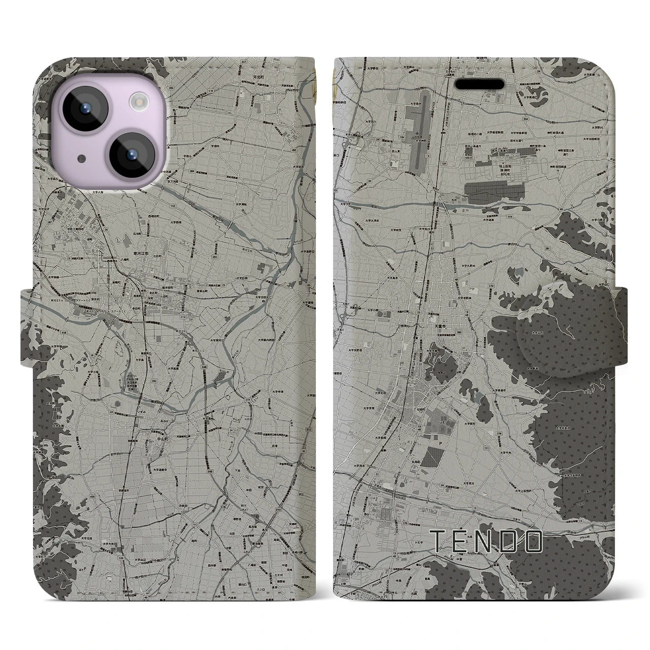 【天童(山形県)】地図柄iPhoneケース(手帳タイプ)モノトーン・iPhone 14 用