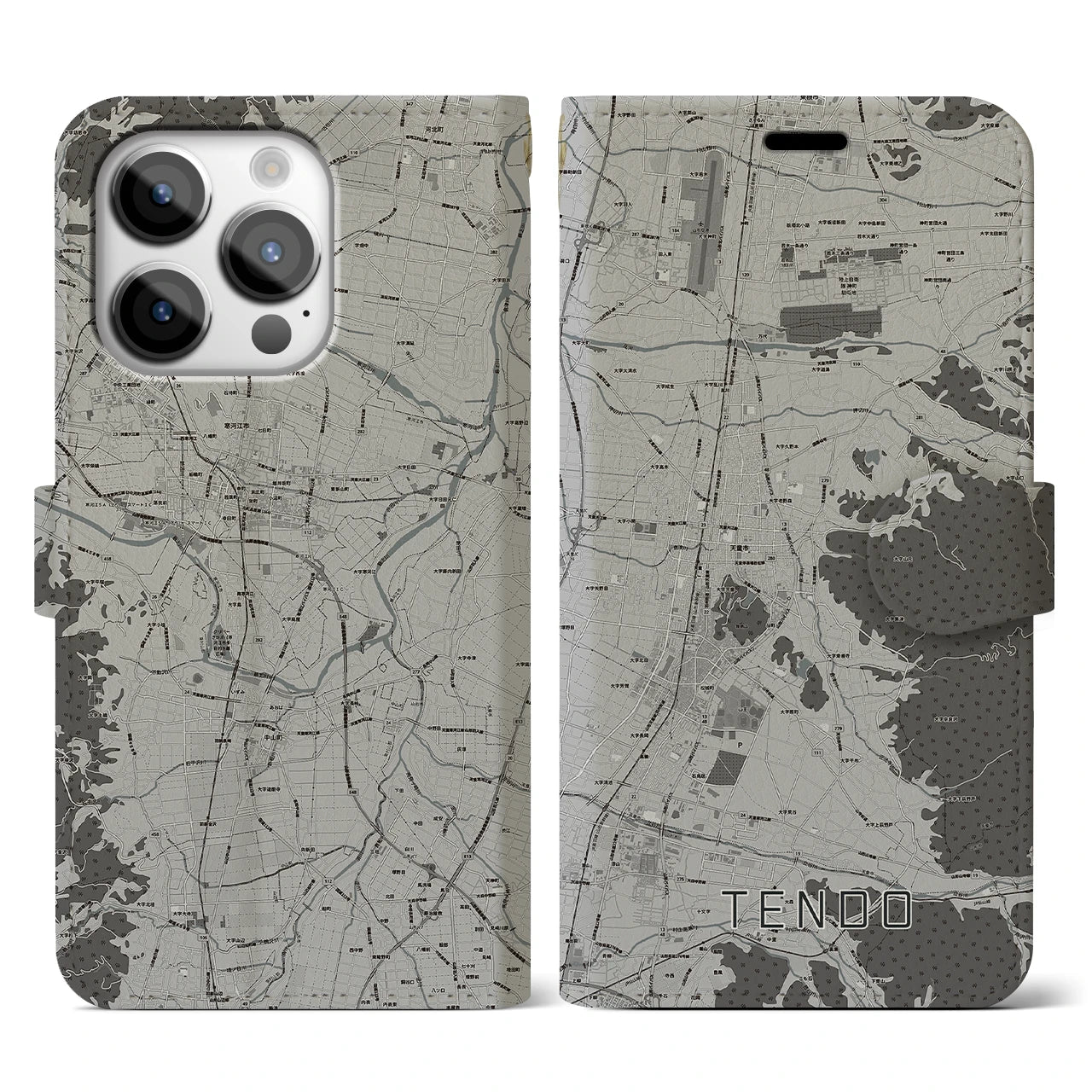 【天童(山形県)】地図柄iPhoneケース(手帳タイプ)モノトーン・iPhone 14 Pro 用