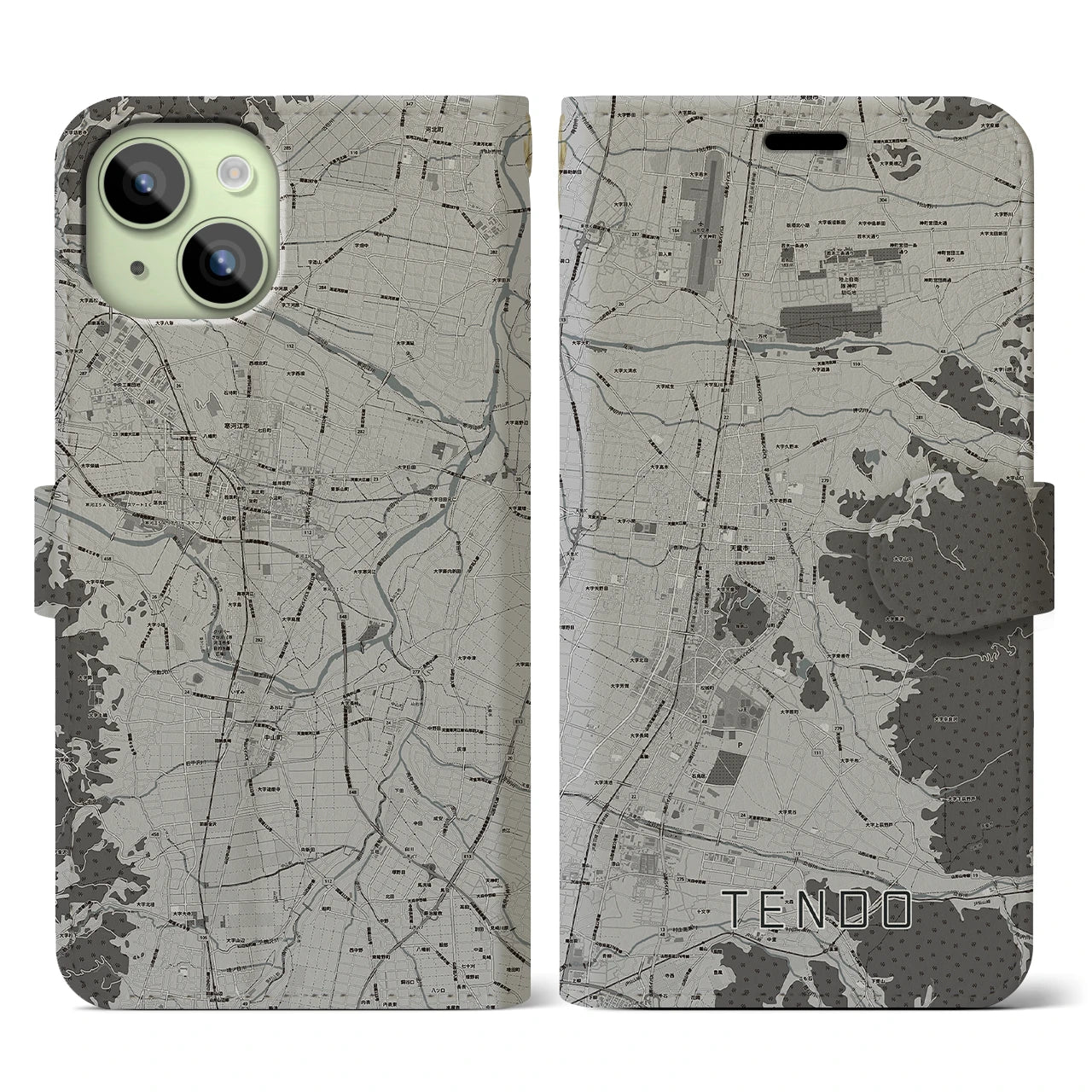 【天童(山形県)】地図柄iPhoneケース(手帳タイプ)モノトーン・iPhone 15 用
