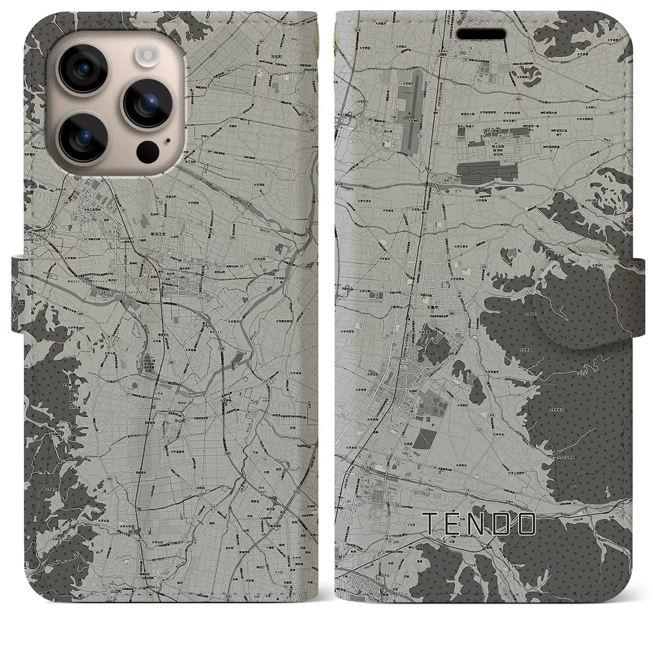 【天童(山形県)】地図柄iPhoneケース(手帳タイプ)モノトーン・iPhone 16 Plus 用