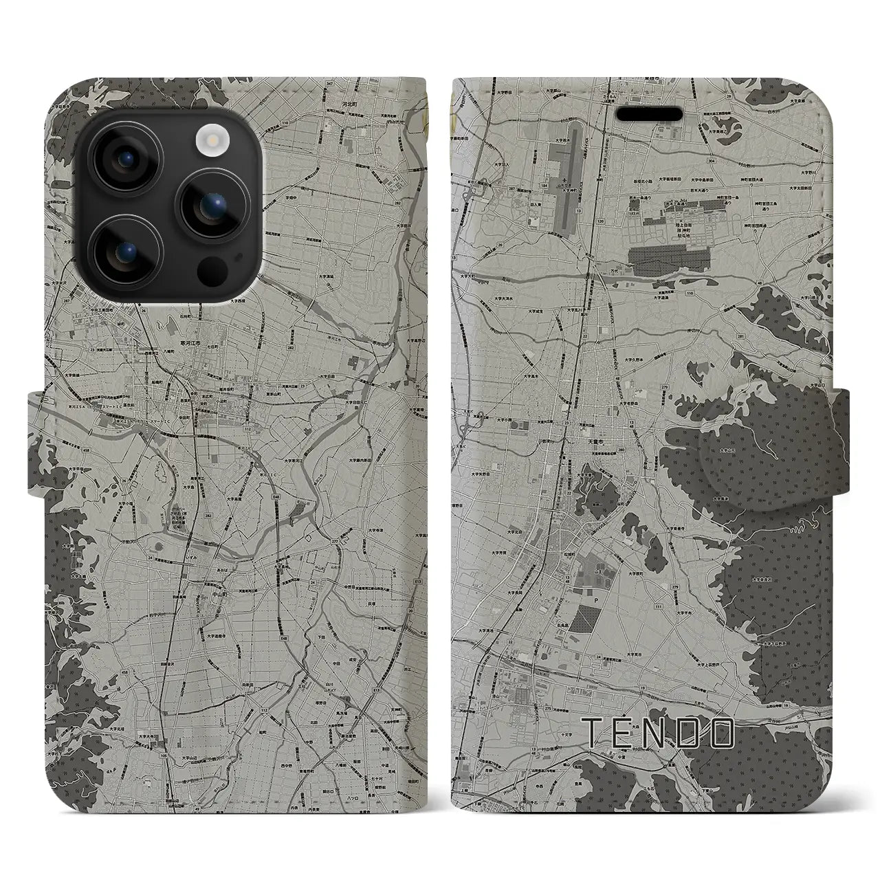 【天童(山形県)】地図柄iPhoneケース(手帳タイプ)モノトーン・iPhone 16 用