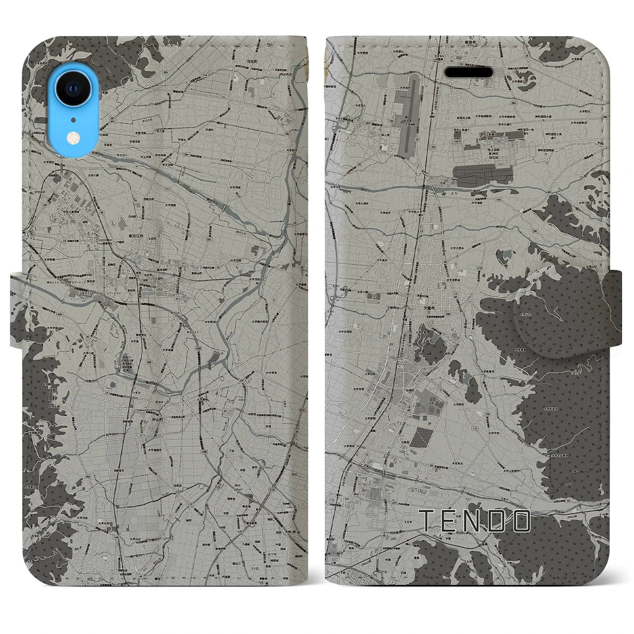 【天童(山形県)】地図柄iPhoneケース(手帳タイプ)モノトーン・iPhone XR 用