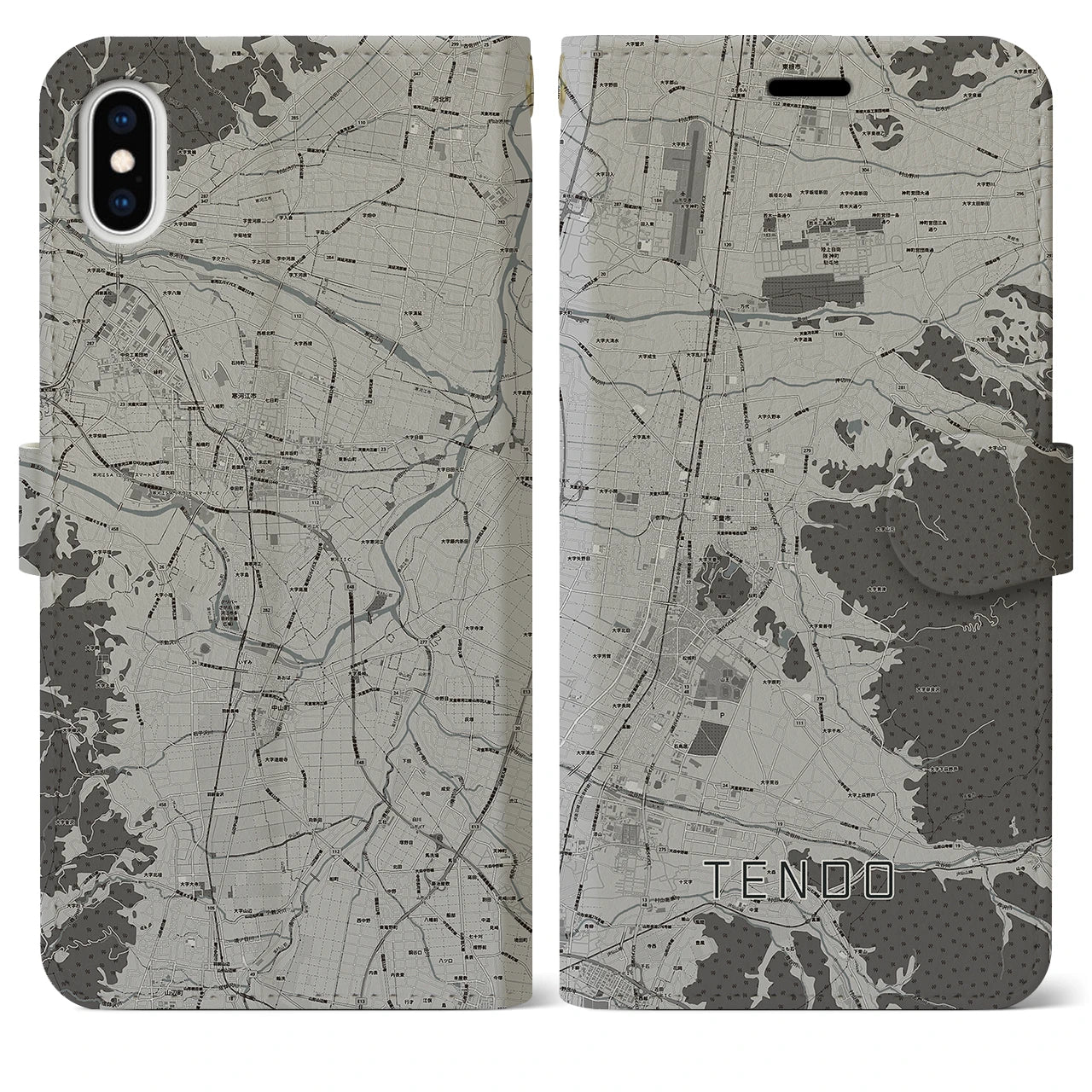 【天童(山形県)】地図柄iPhoneケース(手帳タイプ)モノトーン・iPhone XS Max 用