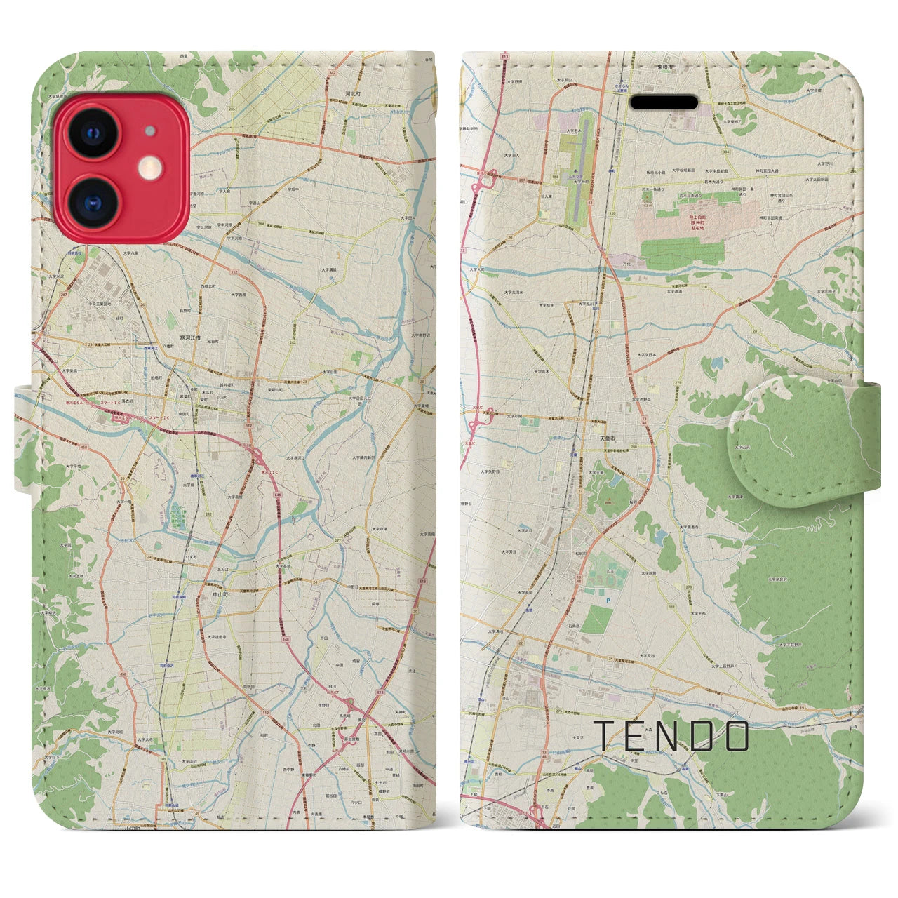 【天童(山形県)】地図柄iPhoneケース(手帳タイプ)ナチュラル・iPhone 11 用