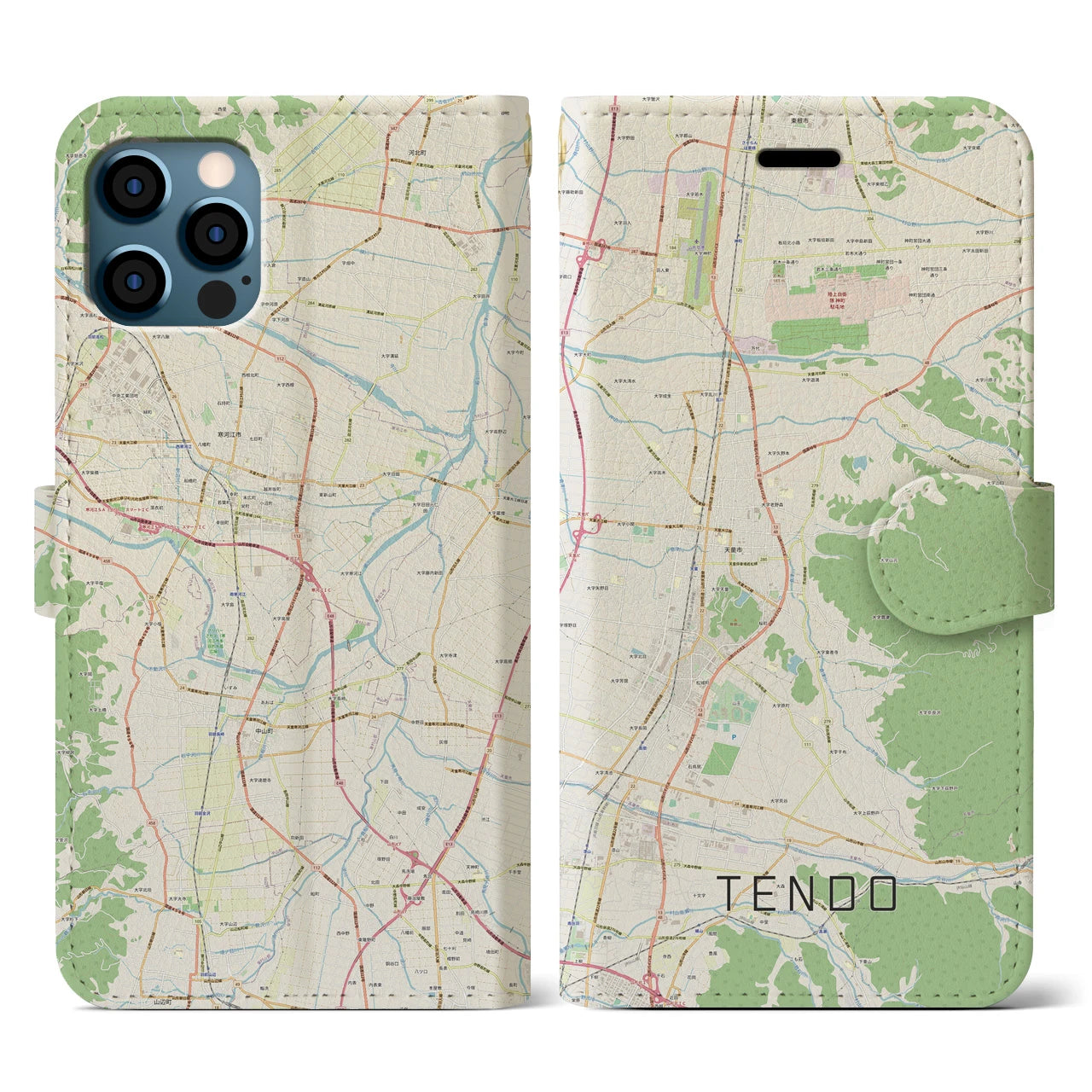 【天童(山形県)】地図柄iPhoneケース(手帳タイプ)ナチュラル・iPhone 12 / 12 Pro 用