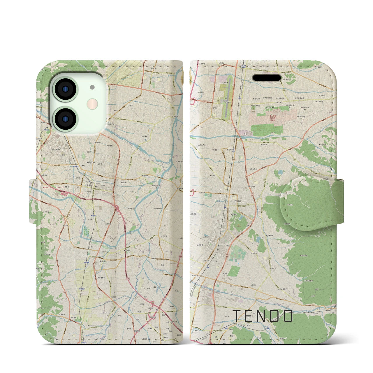 【天童(山形県)】地図柄iPhoneケース(手帳タイプ)ナチュラル・iPhone 12 mini 用