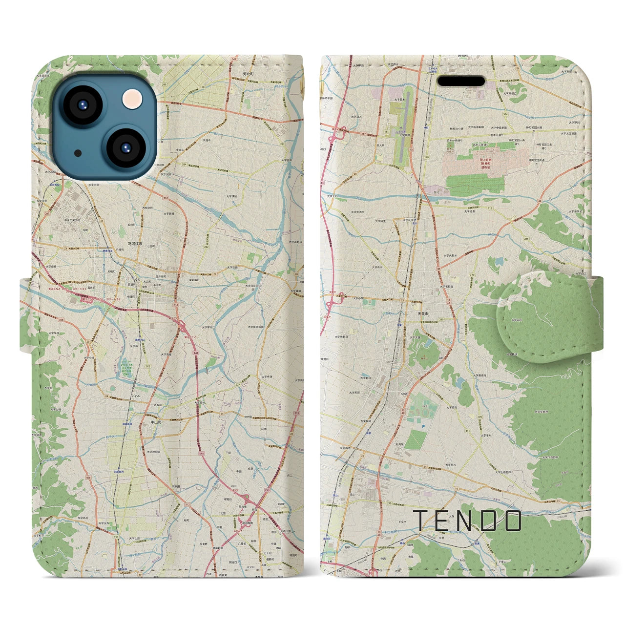【天童(山形県)】地図柄iPhoneケース(手帳タイプ)ナチュラル・iPhone 13 用