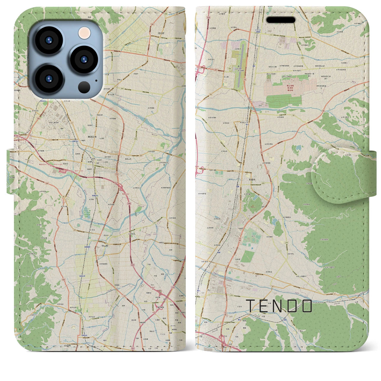 【天童(山形県)】地図柄iPhoneケース(手帳タイプ)ナチュラル・iPhone 13 Pro Max 用