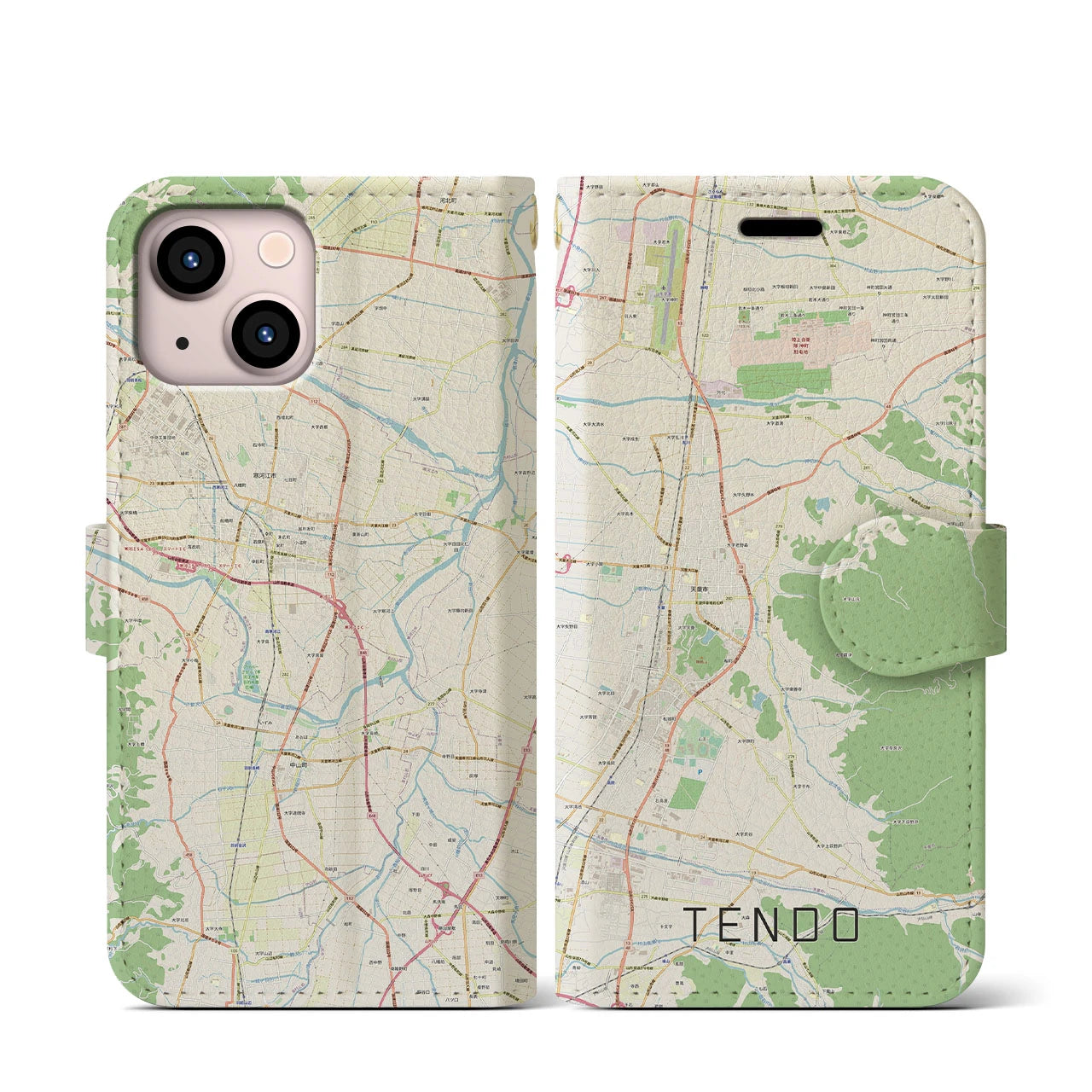 【天童(山形県)】地図柄iPhoneケース(手帳タイプ)ナチュラル・iPhone 13 mini 用