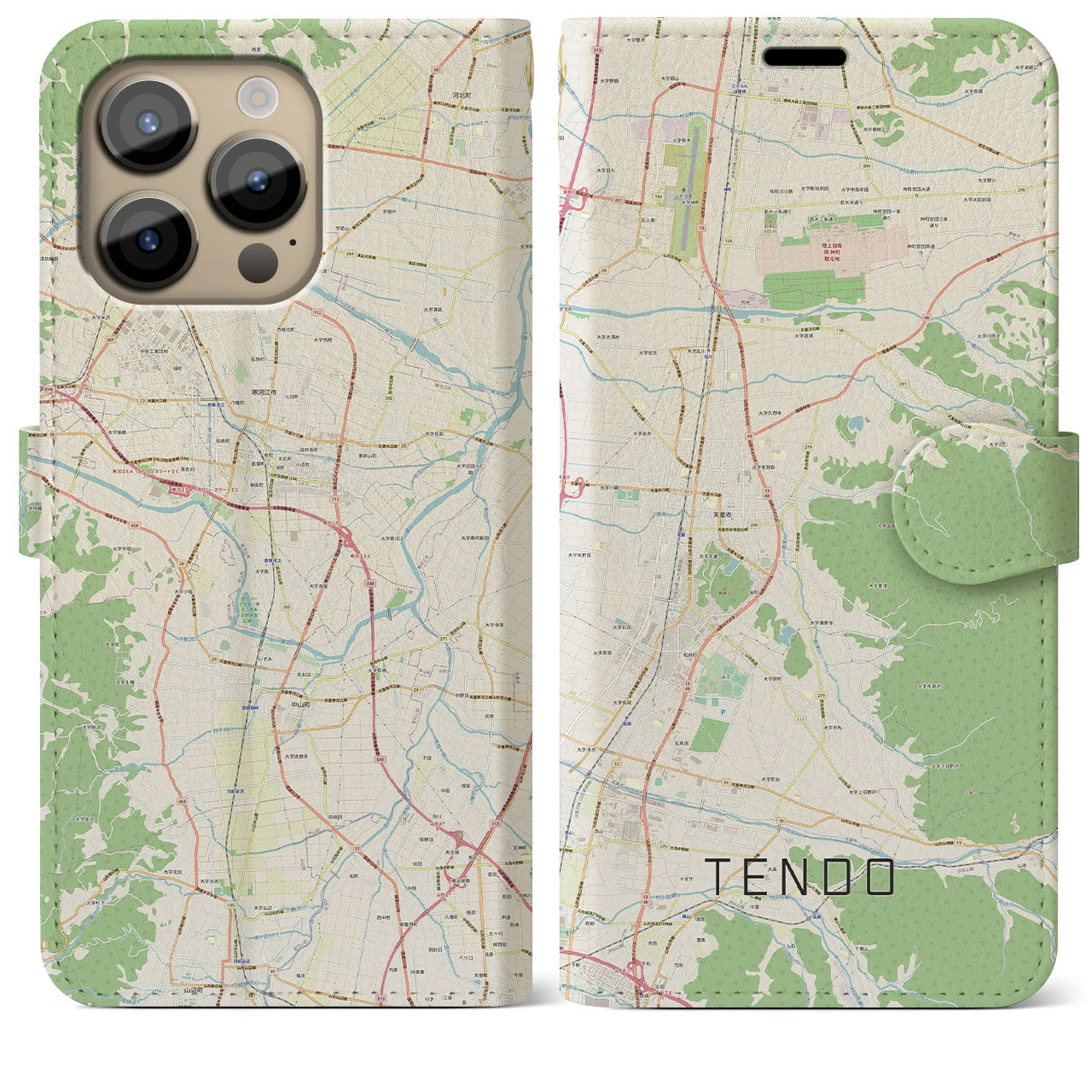 【天童(山形県)】地図柄iPhoneケース(手帳タイプ)ナチュラル・iPhone 14 Pro Max 用