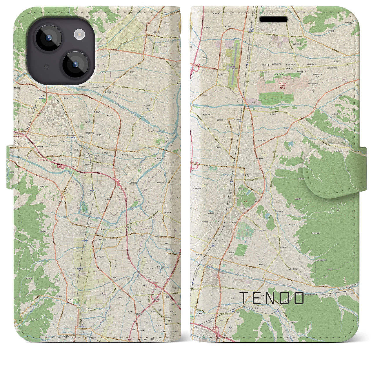 【天童(山形県)】地図柄iPhoneケース(手帳タイプ)ナチュラル・iPhone 14 Plus 用