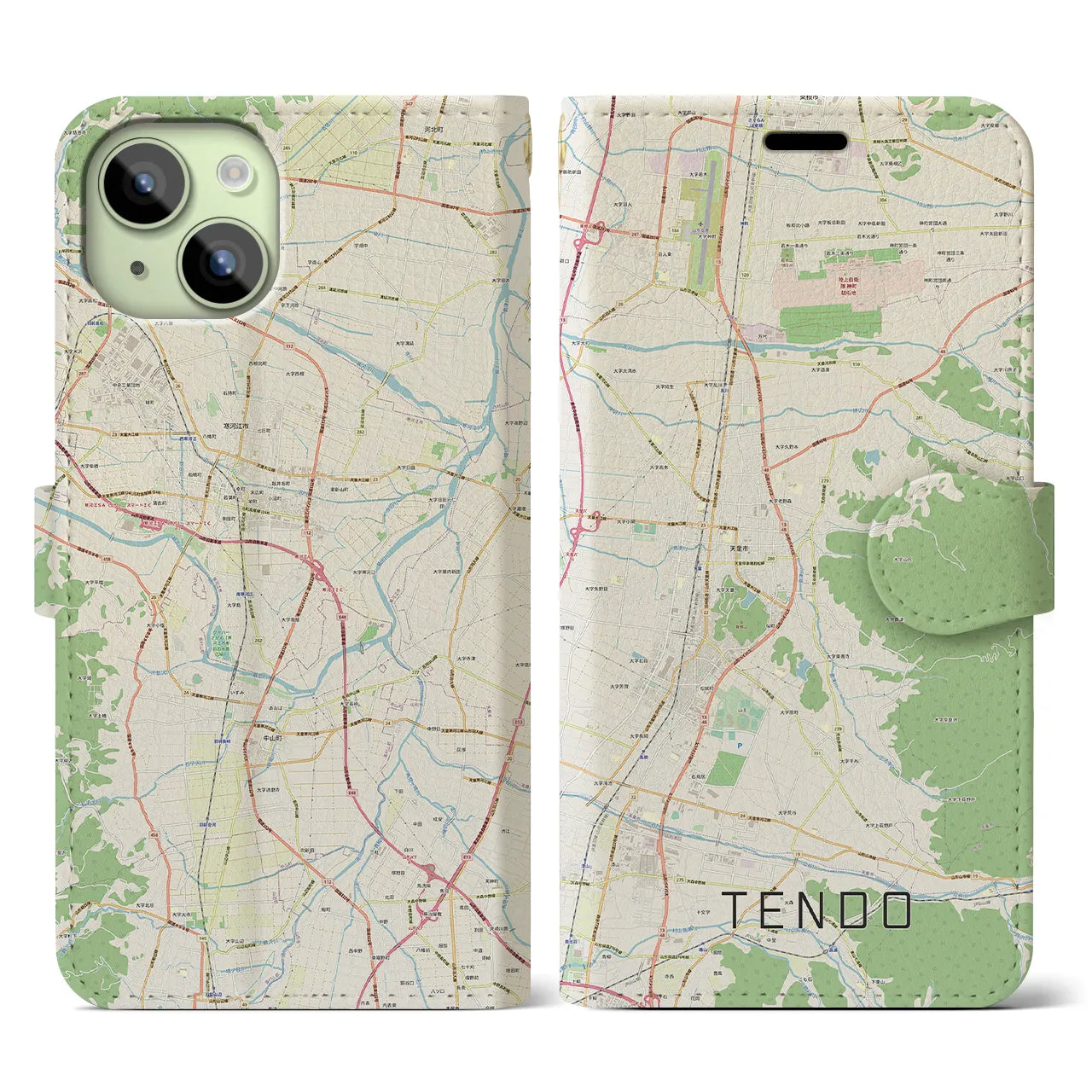 【天童(山形県)】地図柄iPhoneケース(手帳タイプ)ナチュラル・iPhone 15 用