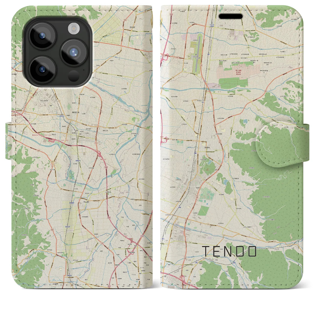 【天童(山形県)】地図柄iPhoneケース(手帳タイプ)ナチュラル・iPhone 15 Pro Max 用