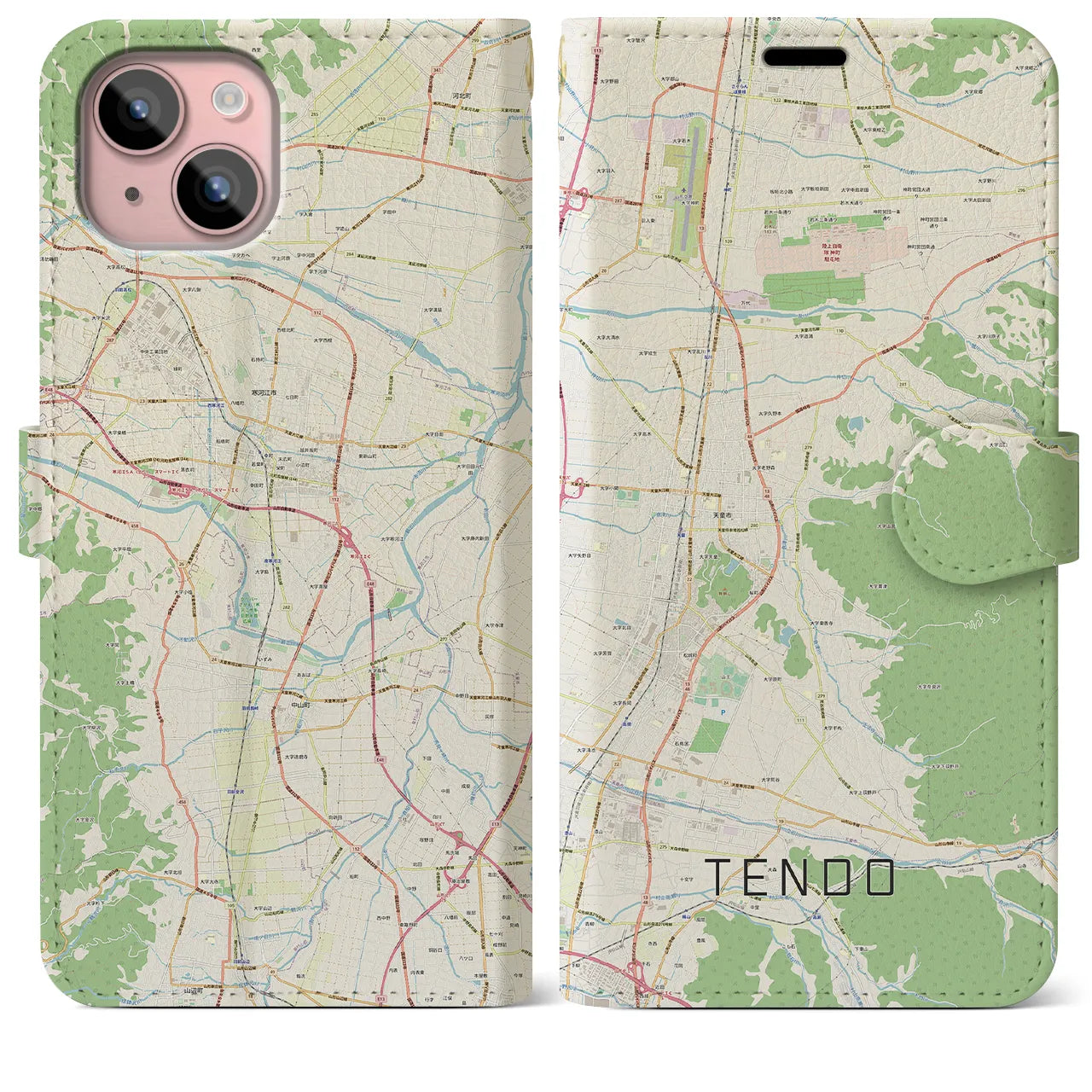 【天童(山形県)】地図柄iPhoneケース(手帳タイプ)ナチュラル・iPhone 15 Plus 用
