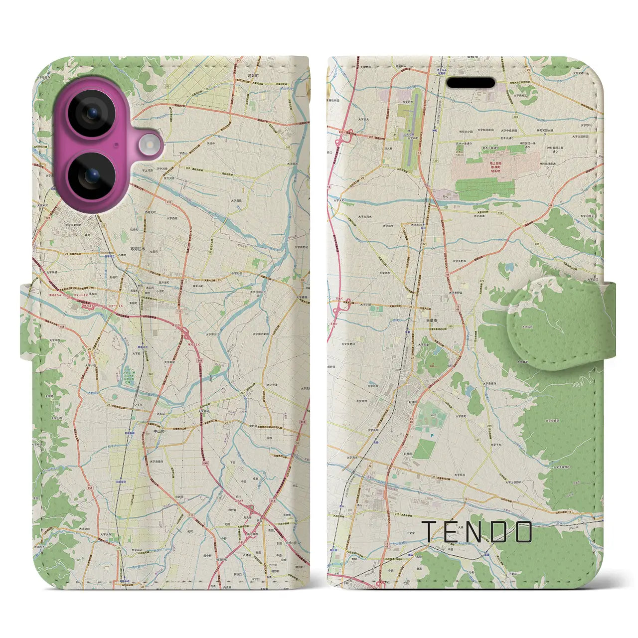 【天童(山形県)】地図柄iPhoneケース(手帳タイプ)ナチュラル・iPhone 16 Pro 用