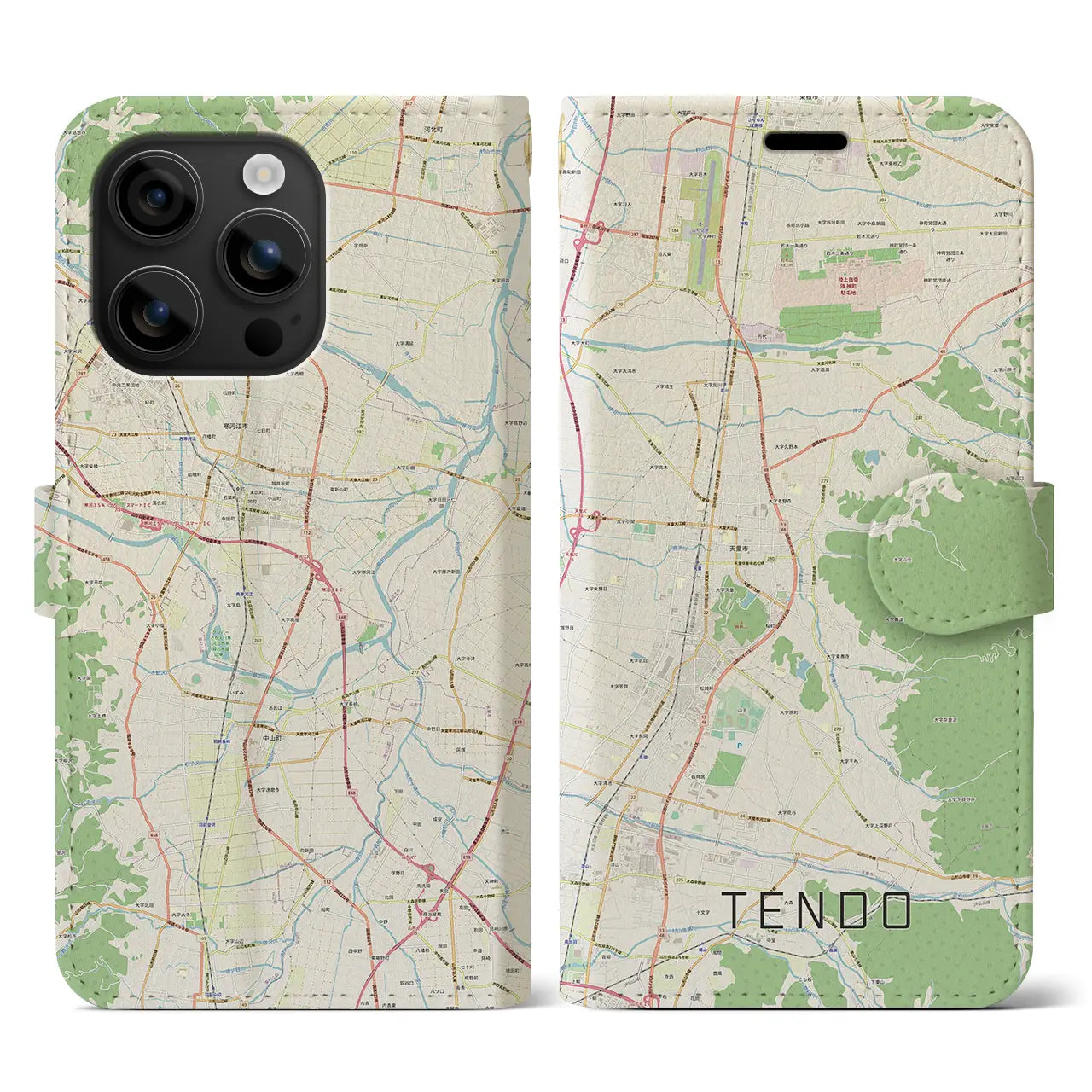 【天童(山形県)】地図柄iPhoneケース(手帳タイプ)ナチュラル・iPhone 16 用