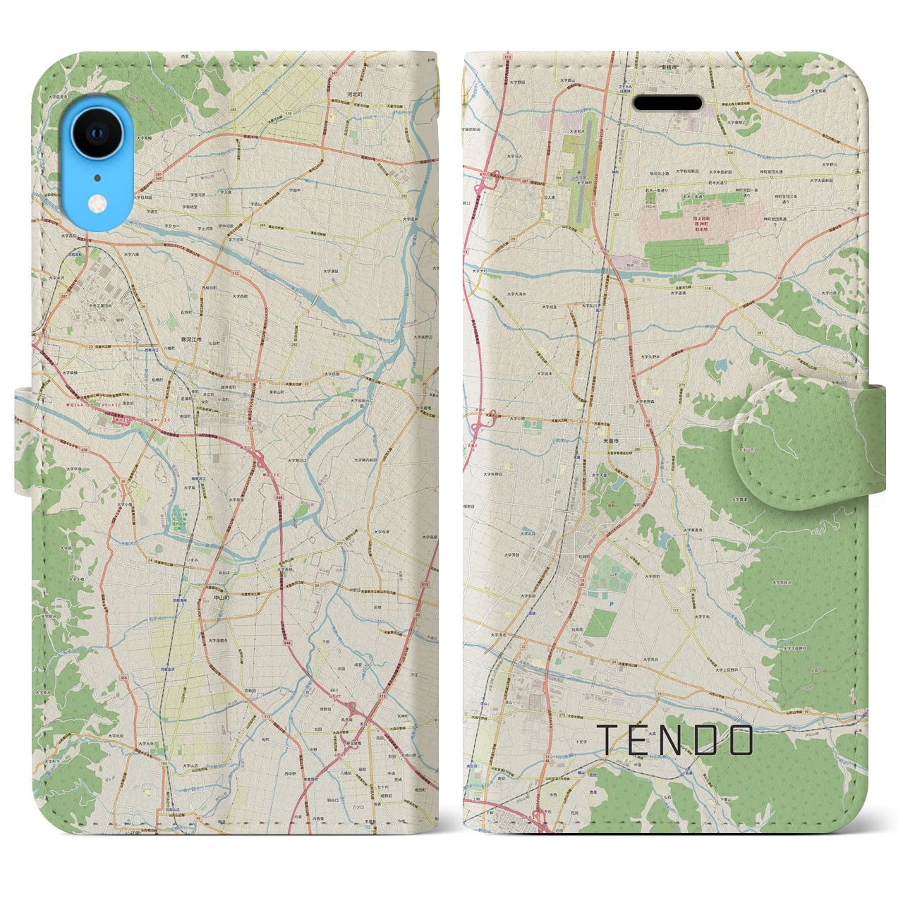 【天童(山形県)】地図柄iPhoneケース(手帳タイプ)ナチュラル・iPhone XR 用