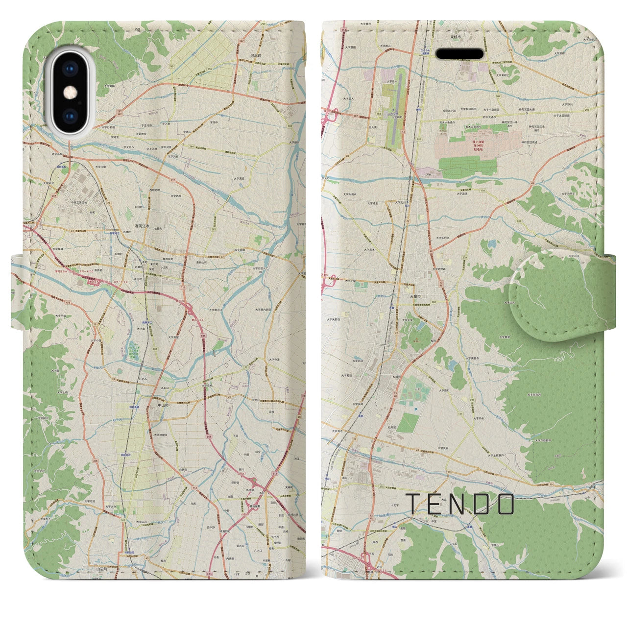 【天童(山形県)】地図柄iPhoneケース(手帳タイプ)ナチュラル・iPhone XS Max 用