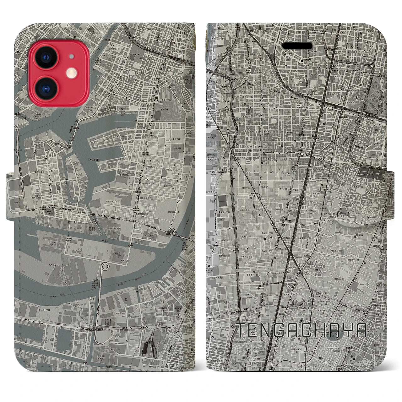 【天下茶屋(大阪府)】地図柄iPhoneケース(手帳タイプ)モノトーン・iPhone 11 用