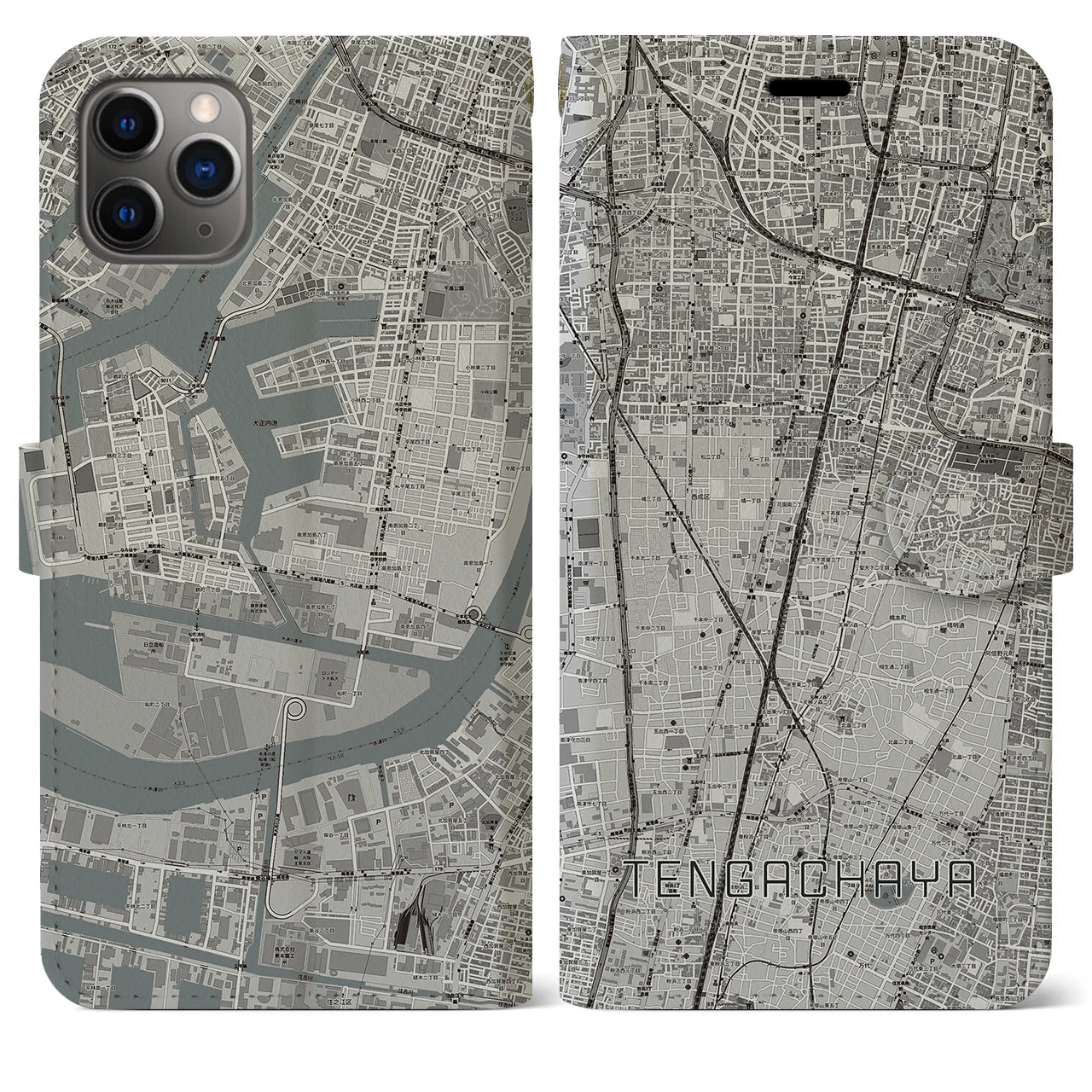 【天下茶屋(大阪府)】地図柄iPhoneケース(手帳タイプ)モノトーン・iPhone 11 Pro Max 用