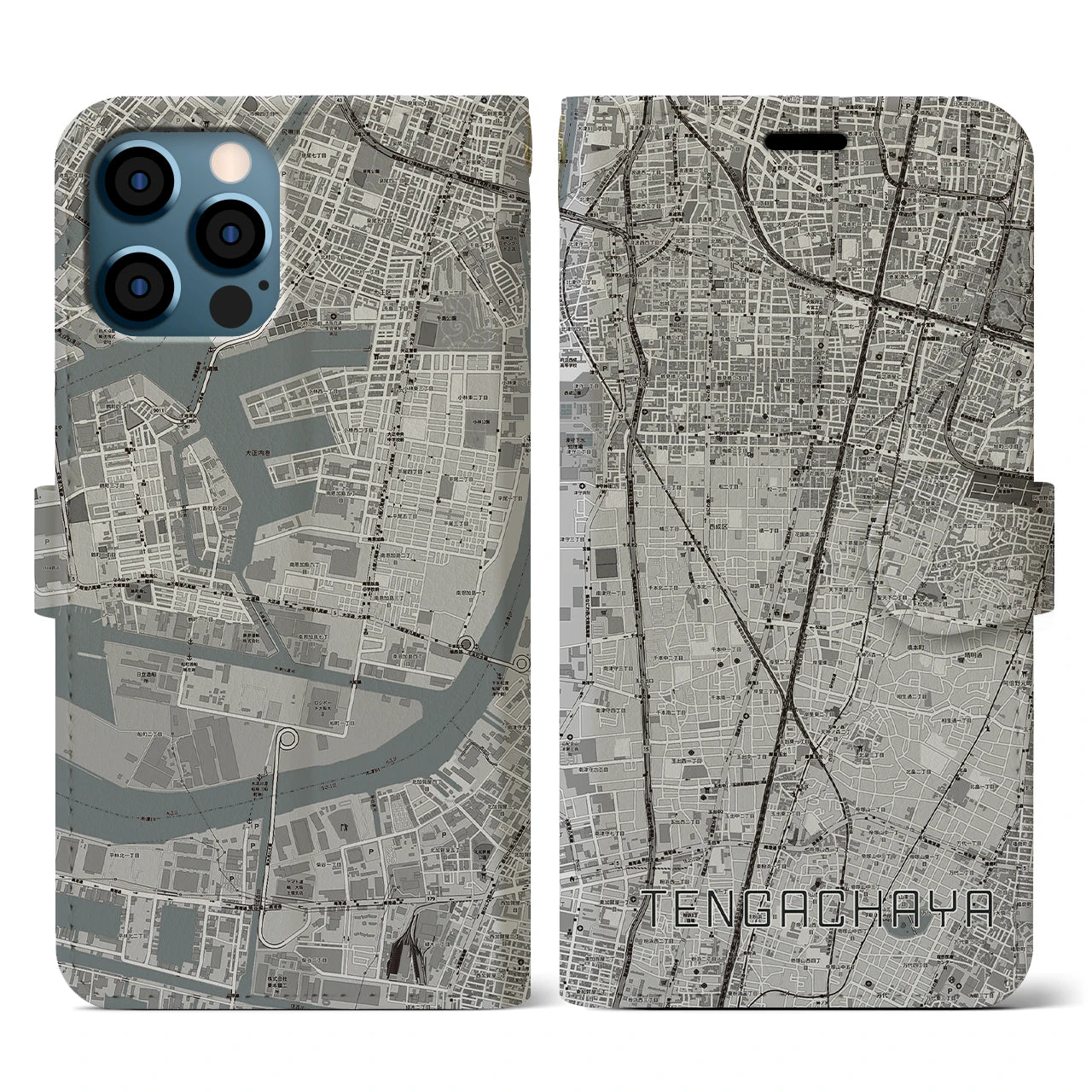 【天下茶屋(大阪府)】地図柄iPhoneケース(手帳タイプ)モノトーン・iPhone 12 / 12 Pro 用