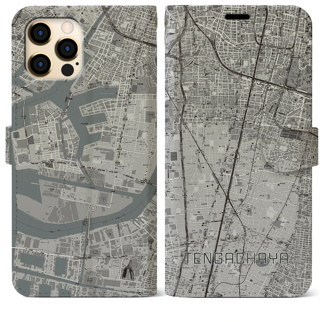 【天下茶屋(大阪府)】地図柄iPhoneケース(手帳タイプ)モノトーン・iPhone 12 Pro Max 用